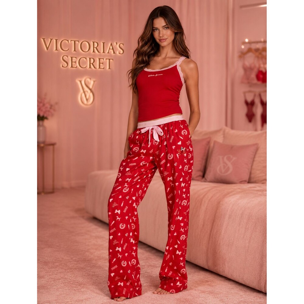 VICTORIA'S SECRET LOVESHACKFANCY Women Pajama Pants XS Red Hearts Bow Logo Sleep